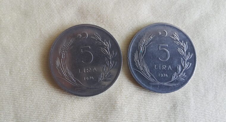 1974 Yılı Satılık 2 Adet Metal 5 Lira