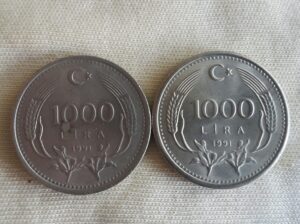 1991 Yılı Satılık 2 Adet Metal 1000 Lira