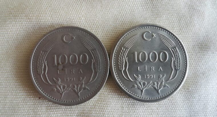 1991 Yılı Satılık 2 Adet Metal 1000 Lira