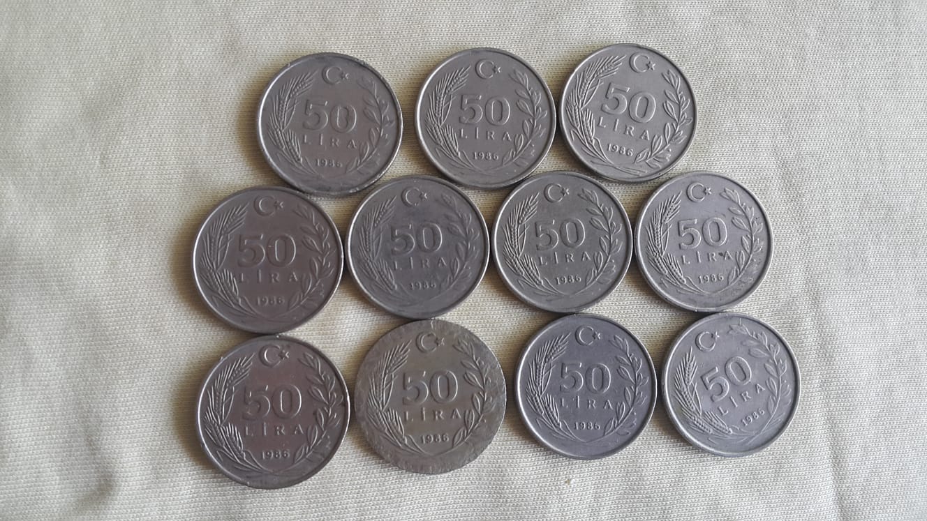 1986 Yılı Satılık 11 Adet Metal 50 Çil Lira